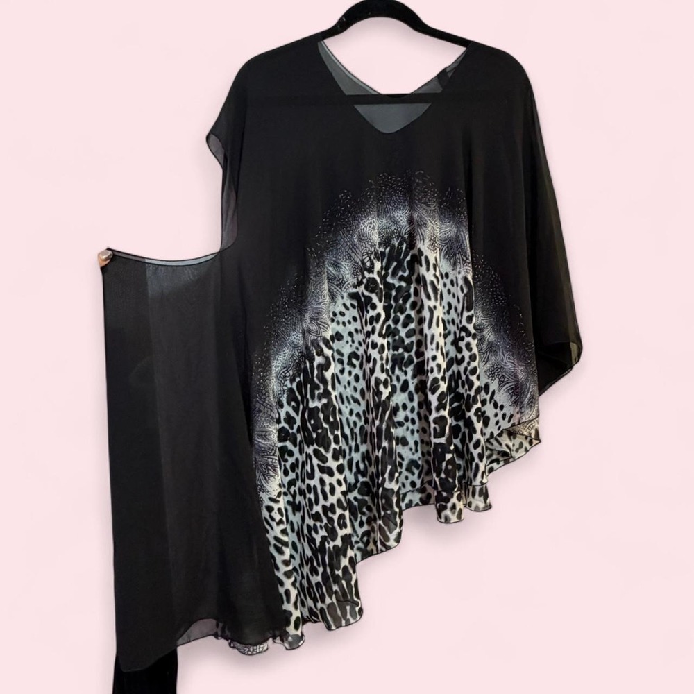 Y2K Leopard Mesh Off Shoulder Cape Poncho Top Animal Print One Size